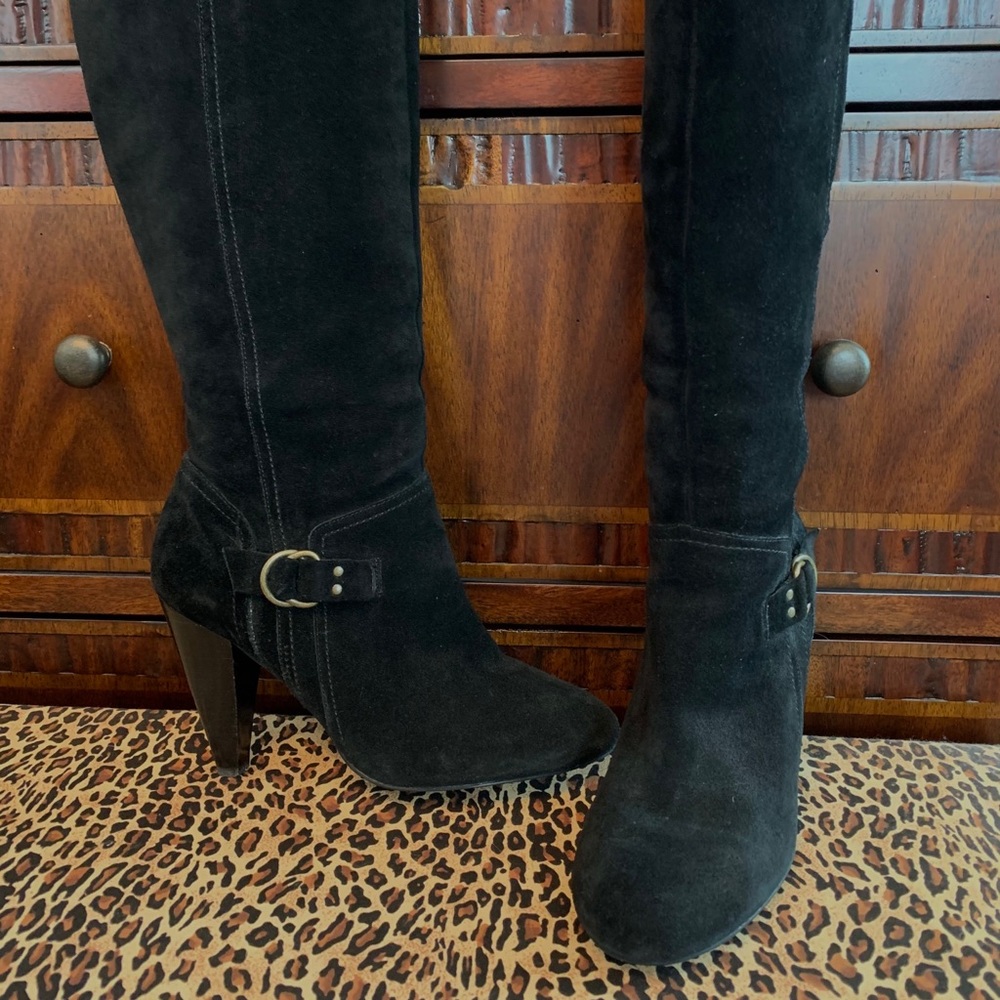 BCBG Black suede side zip  buckle detail boot sz 9